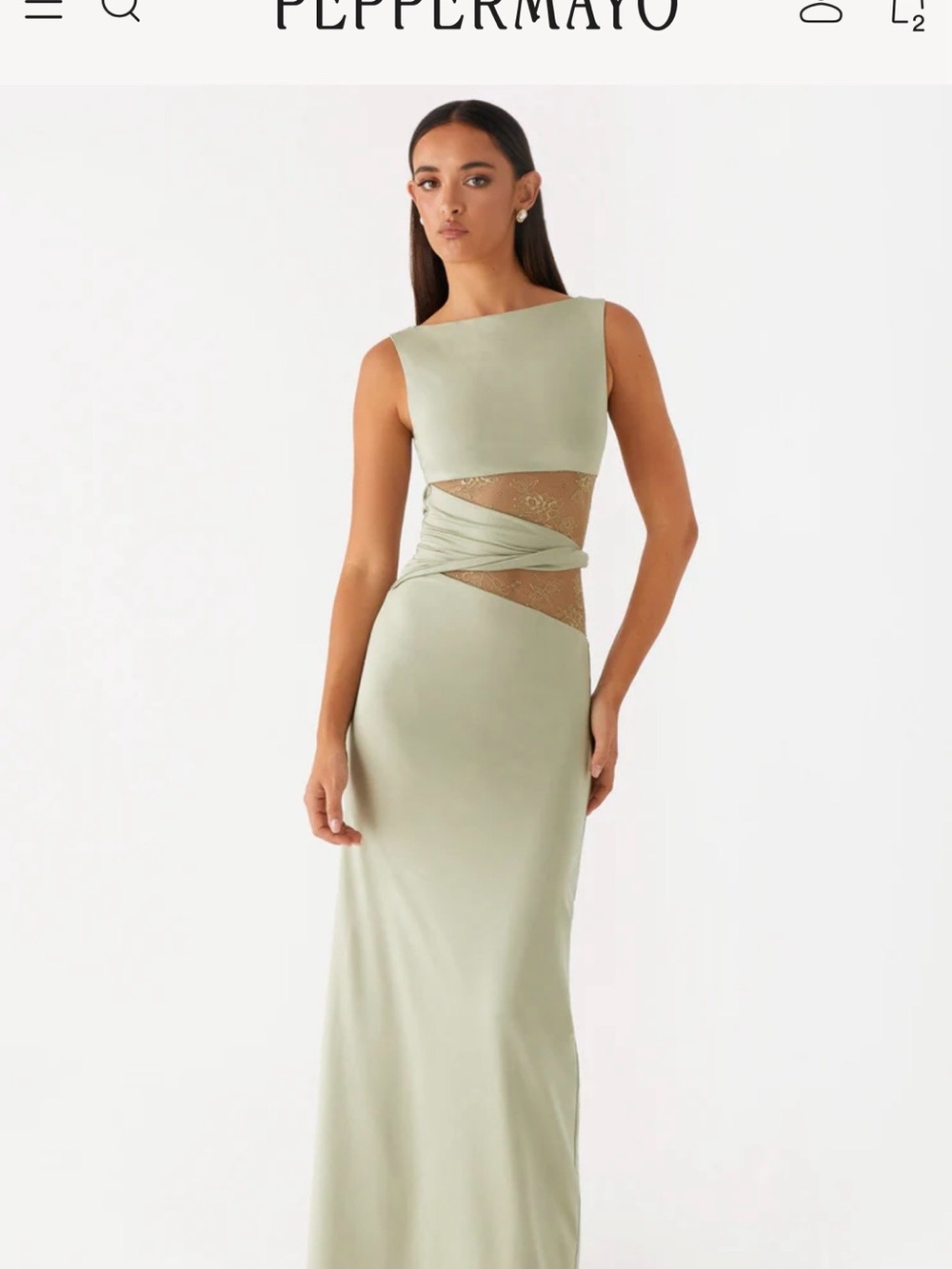 Peppermayo Light Sage Cutout Satin Maxi Dress